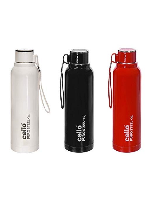 Cello Puro Steel-X Benz 900 | Water Bottle with Inner Steel and Outer Plastic | Insulated Water Bottle | Set of 3 | 730 ml, Assorted