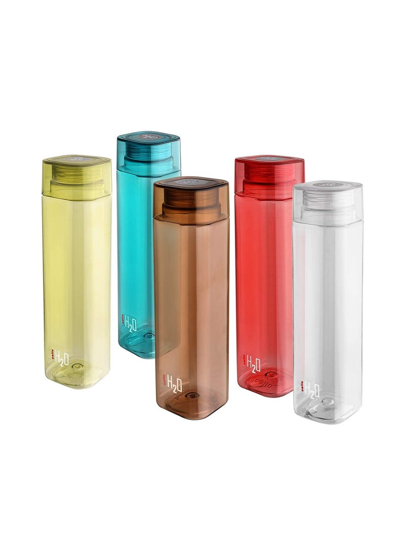 CELLO H2O Squaremate Plastic Water Bottle | Lid is sealed by a silicone ring | Leak proof & break-proof |Best Usage for Office/School/College/Gym/Picnic/Home/Fridge | 1 Liter | Assorted, Set of 5