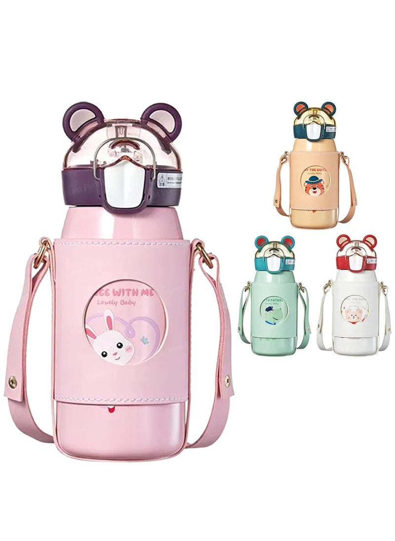 FunBlast Kids Water Bottle, Stainless Steel Water Bottle for Kids, SS316 Hot and Cold Water Bottle 530 ML, Cute Water Bottle With Straw, Leather Cover and Strap - 530 ML (Random Color)
