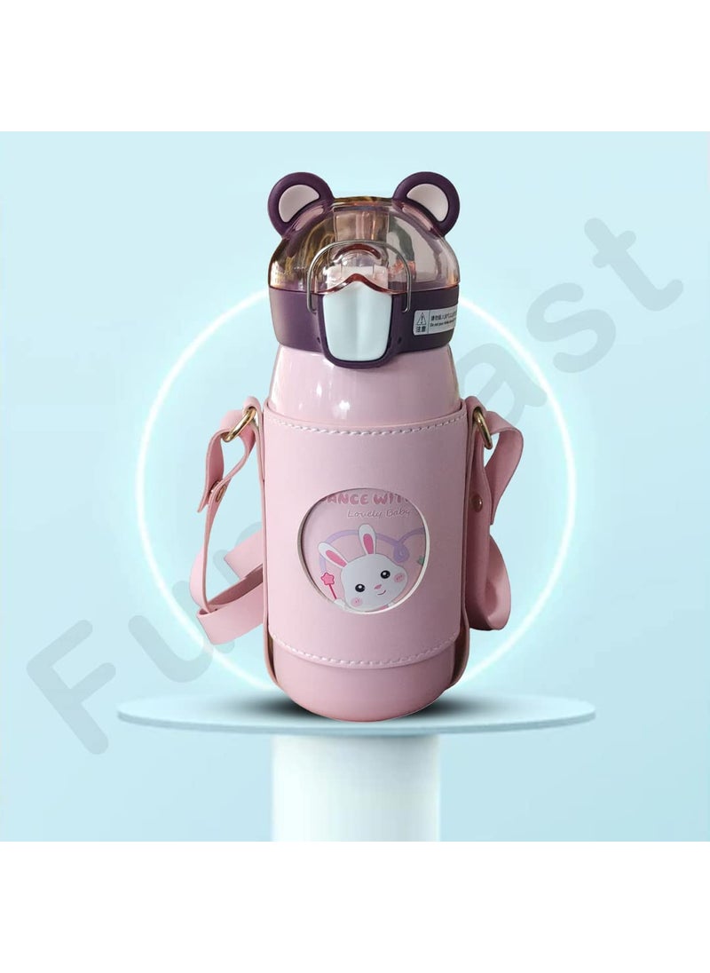 FunBlast Kids Water Bottle, Stainless Steel Water Bottle for Kids, SS316 Hot and Cold Water Bottle 530 ML, Cute Water Bottle With Straw, Leather Cover and Strap - 530 ML (Random Color)