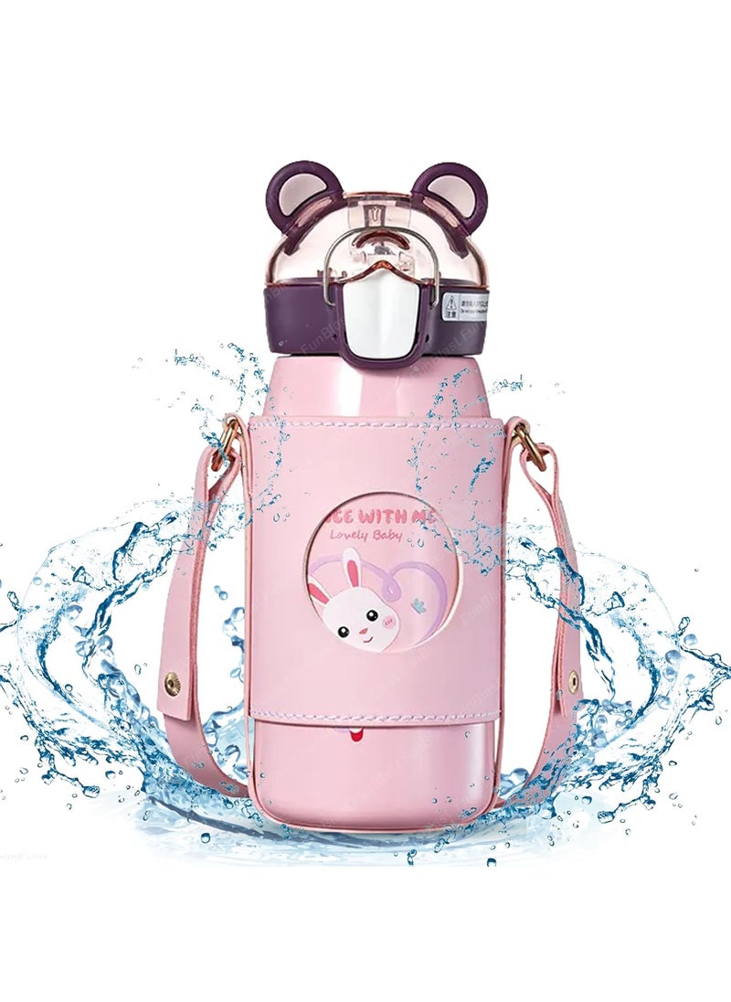 FunBlast Kids Water Bottle, Stainless Steel Water Bottle for Kids, SS316 Hot and Cold Water Bottle 530 ML, Cute Water Bottle With Straw, Leather Cover and Strap - 530 ML (Random Color)