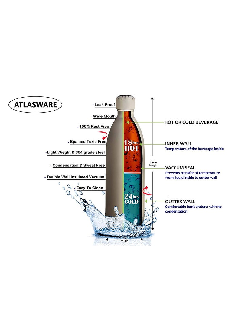 Atlasware Hot & Cold Vacuum Bottle Stainless Steel, 700 ml, Pack of 2 Pieces