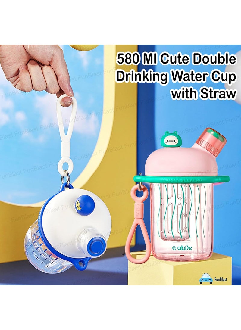 FunBlast Water Bottle for Kids & Adults – 580 Ml Cute Double Drinking Water Cup with Straw, Spill-Proof Durable Non-Toxic Water Bottle for School, Office, Sports, School, Gym, Yoga (Pink)
