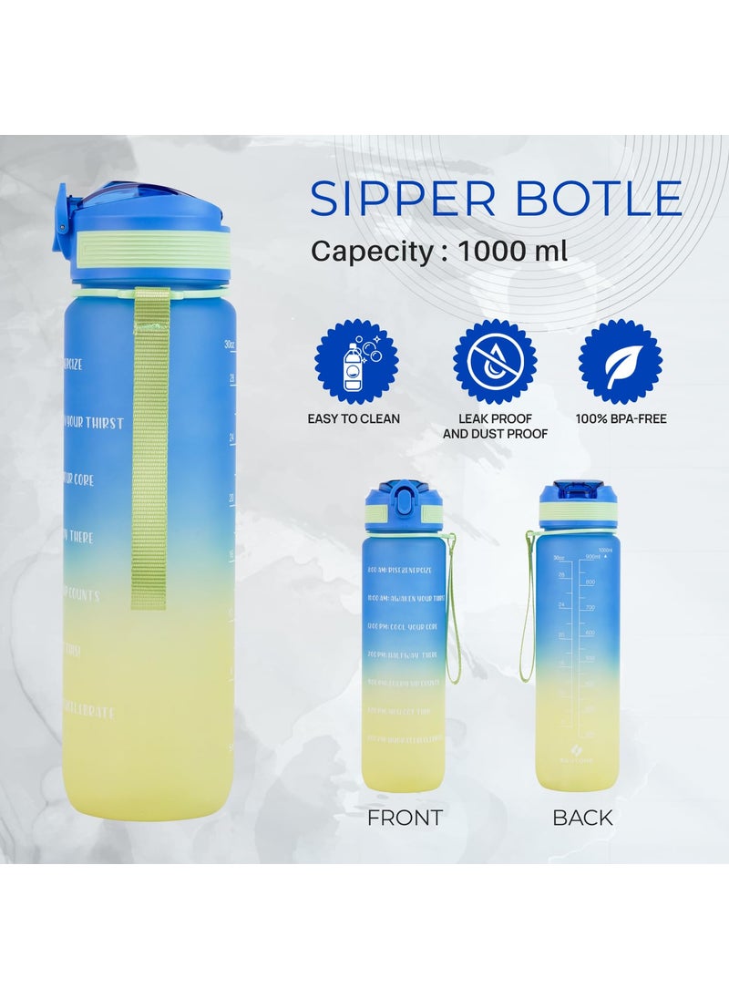 SKYTONE Water Bottle 1 Litre with Motivational Time Marker For Adults, Non-Toxic Water bottle for office, Water bottle for gym, Running (Blue)