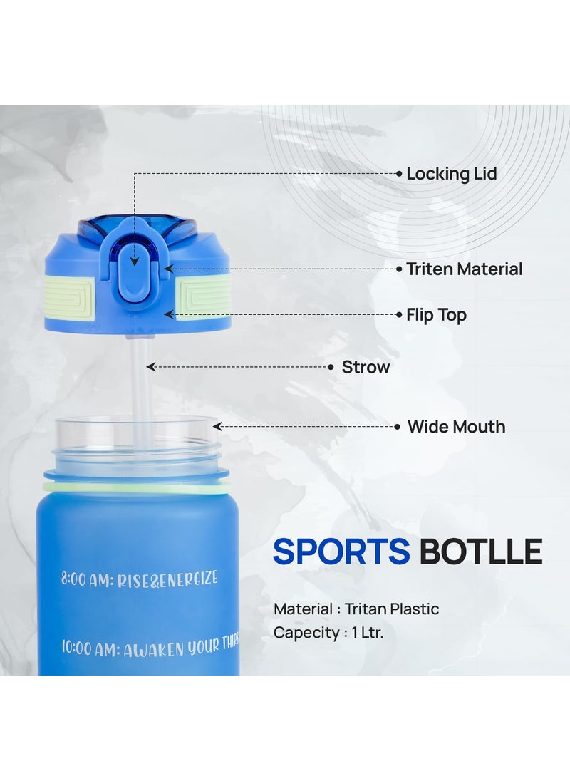 SKYTONE Water Bottle 1 Litre with Motivational Time Marker For Adults, Non-Toxic Water bottle for office, Water bottle for gym, Running (Blue)