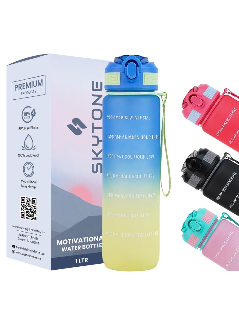 SKYTONE Water Bottle 1 Litre with Motivational Time Marker For Adults, Non-Toxic Water bottle for office, Water bottle for gym, Running (Blue)