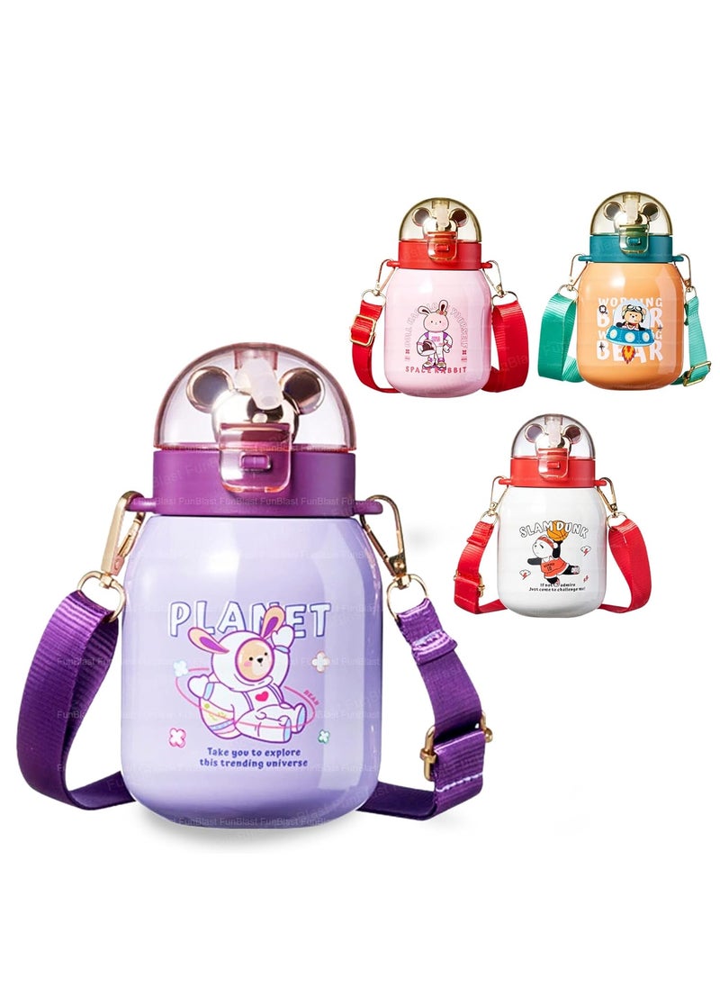 FunBlast Stainless Steel Bottle– 500 ML Insulated Water Bottle for Kids, Double Wall Vacuum School Water Bottle for Kids Hot and Cold Bottle with Straw and Adjustable Strap (Random Color and Design)