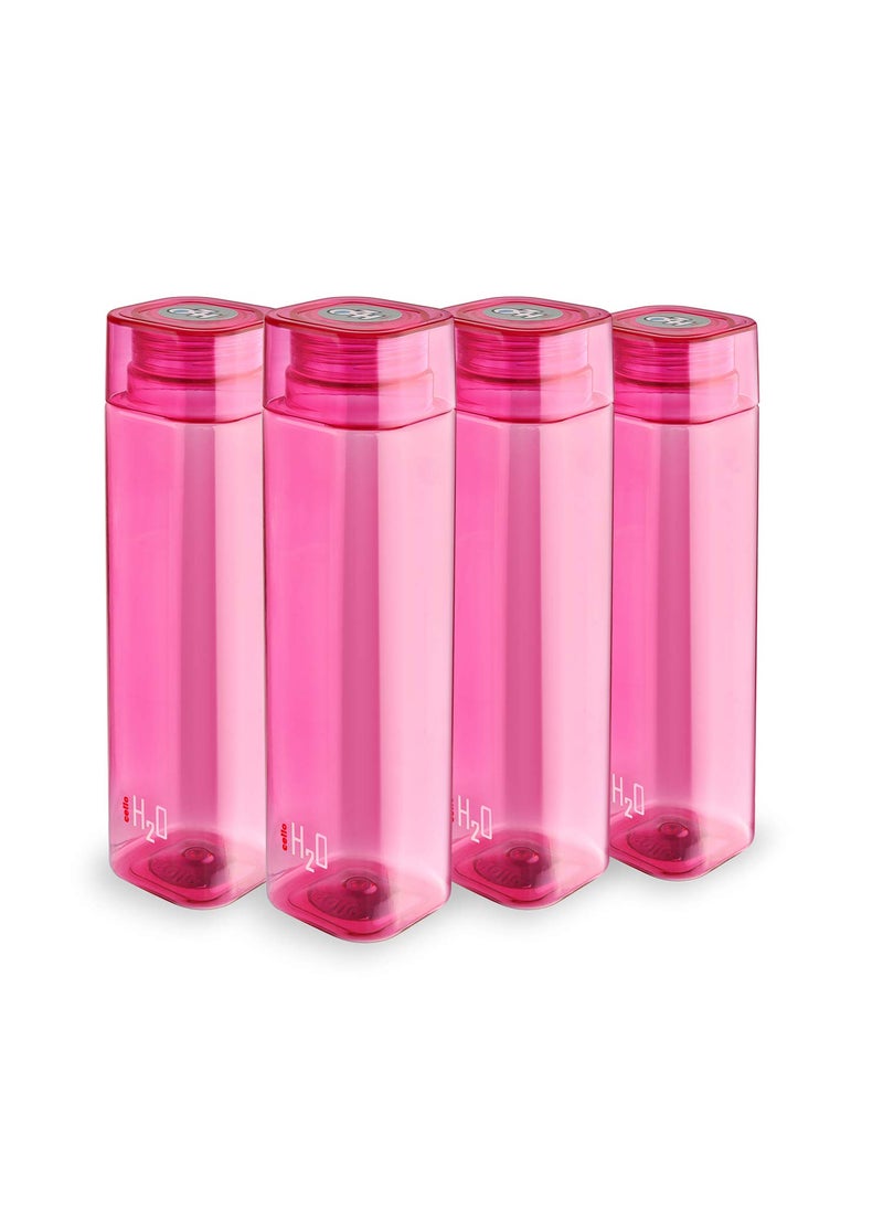 CELLO H2O Squaremate Plastic Water Bottle | Lid is sealed by a silicone ring | Leak proof & break-proof |Best Usage for Office/School/College/Gym/Picnic/Home/Fridge | 1 Liter | Pink, Set of 4