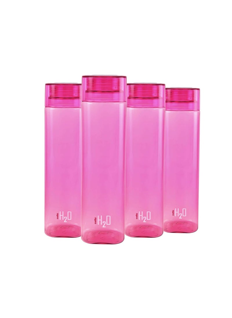 CELLO H2O Squaremate Plastic Water Bottle | Lid is sealed by a silicone ring | Leak proof & break-proof |Best Usage for Office/School/College/Gym/Picnic/Home/Fridge | 1 Liter | Pink, Set of 4