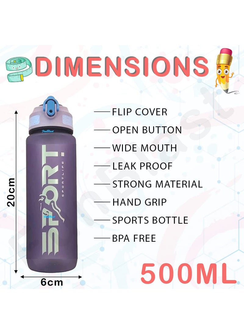 FunBlast Water Bottle 500 ML – Stylish Unbreakable Water Bottle Leak Proof Durable BPA Free Non-Toxic Sports Water Bottle for Home, Office, Gym, Trekking (Purple)