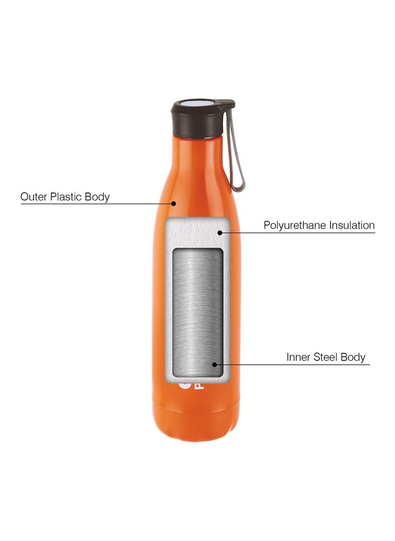 CELLO Puro Steel-X Rover 600 | Water Bottle with Inner Steel and Outer Plastic | Leak Proof Insulated Water Bottle | Suitable for Home, School, Office, Outdoor | 480ml, Orange