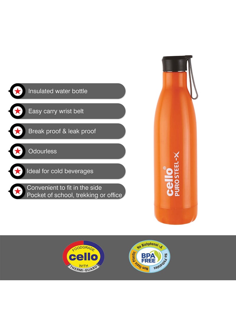 CELLO Puro Steel-X Rover 600 | Water Bottle with Inner Steel and Outer Plastic | Leak Proof Insulated Water Bottle | Suitable for Home, School, Office, Outdoor | 480ml, Orange