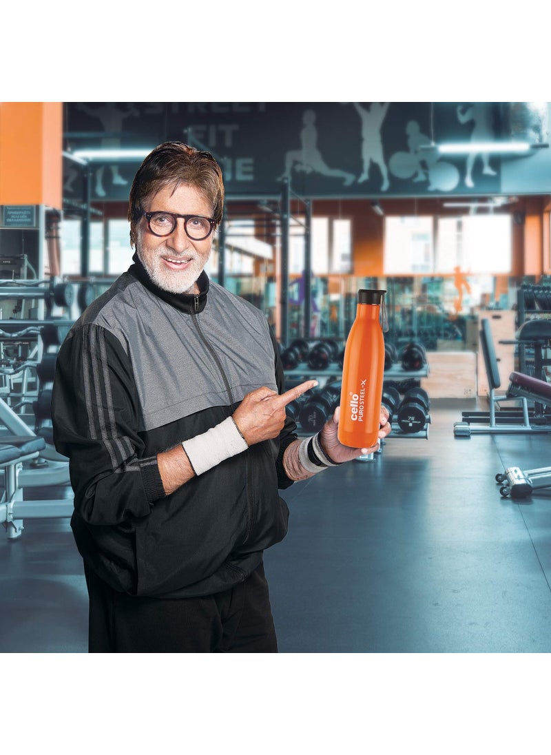 CELLO Puro Steel-X Rover 600 | Water Bottle with Inner Steel and Outer Plastic | Leak Proof Insulated Water Bottle | Suitable for Home, School, Office, Outdoor | 480ml, Orange