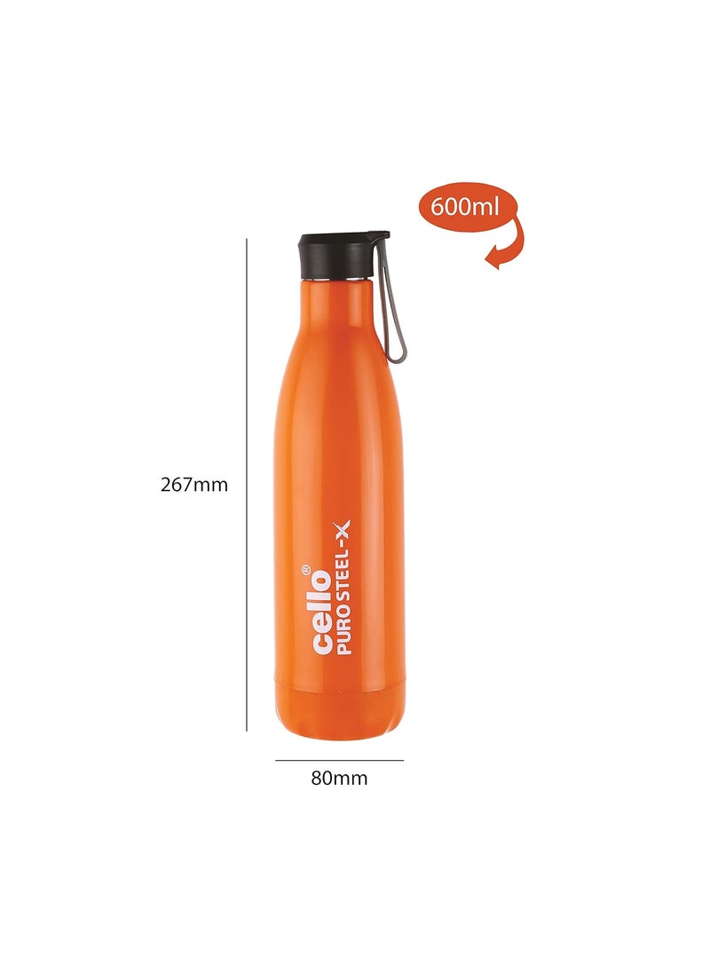 CELLO Puro Steel-X Rover 600 | Water Bottle with Inner Steel and Outer Plastic | Leak Proof Insulated Water Bottle | Suitable for Home, School, Office, Outdoor | 480ml, Orange