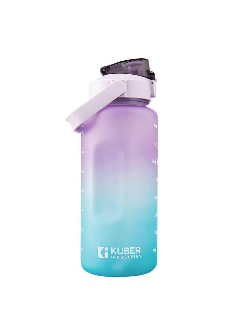 Kuber Industries 2 Litre Motivational Plastic Sipper Water Bottle with Water Tracker & Time Marker, Leakproof, BPA Free, Fitness Sports Water Bottle with Measurements (Gradient Blue & Purple, 1 Piece)
