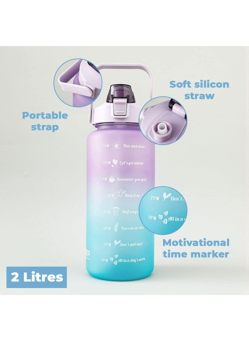 Kuber Industries 2 Litre Motivational Plastic Sipper Water Bottle with Water Tracker & Time Marker, Leakproof, BPA Free, Fitness Sports Water Bottle with Measurements (Gradient Blue & Purple, 1 Piece)