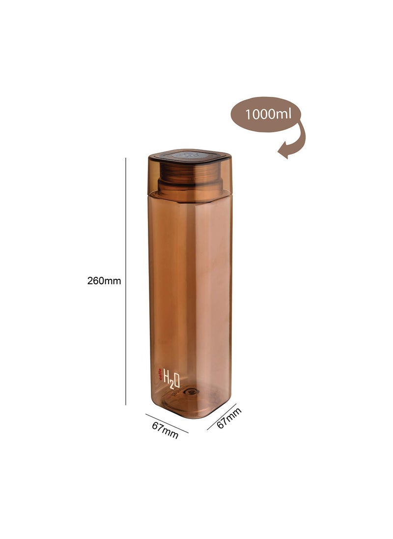 CELLO H2O Squaremate Plastic Water Bottle | Lid is sealed by a silicone ring | Leak proof & break-proof |Best Usage for Office/School/College/Gym/Picnic/Home/Fridge | 1 Liter | Brown, Set of 2