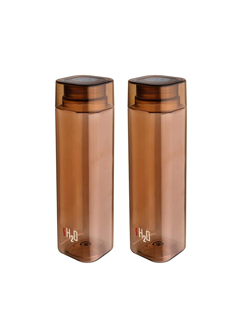 CELLO H2O Squaremate Plastic Water Bottle | Lid is sealed by a silicone ring | Leak proof & break-proof |Best Usage for Office/School/College/Gym/Picnic/Home/Fridge | 1 Liter | Brown, Set of 2