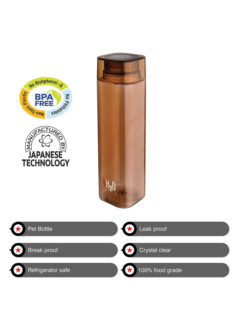 CELLO H2O Squaremate Plastic Water Bottle | Lid is sealed by a silicone ring | Leak proof & break-proof |Best Usage for Office/School/College/Gym/Picnic/Home/Fridge | 1 Liter | Brown, Set of 2