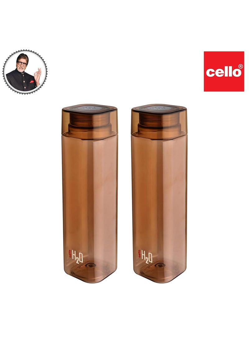 CELLO H2O Squaremate Plastic Water Bottle | Lid is sealed by a silicone ring | Leak proof & break-proof |Best Usage for Office/School/College/Gym/Picnic/Home/Fridge | 1 Liter | Brown, Set of 2