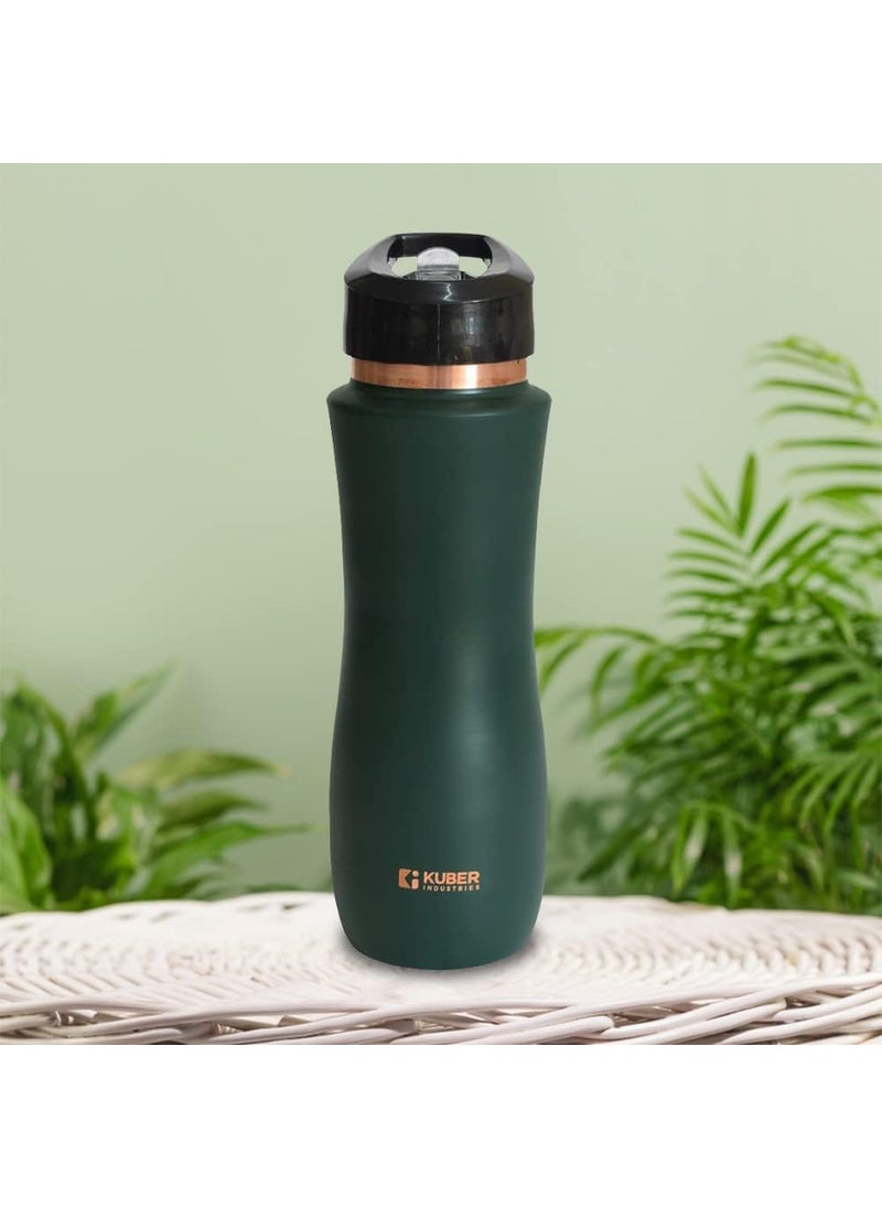 Kuber Industries 750ml Copper Water Bottle with Sipper | BPA Free & Non-Toxic | Added Health Benefits of Copper | Ergonomic Design & Easy to Clean | Leakproof Durable & Lightweight | Green