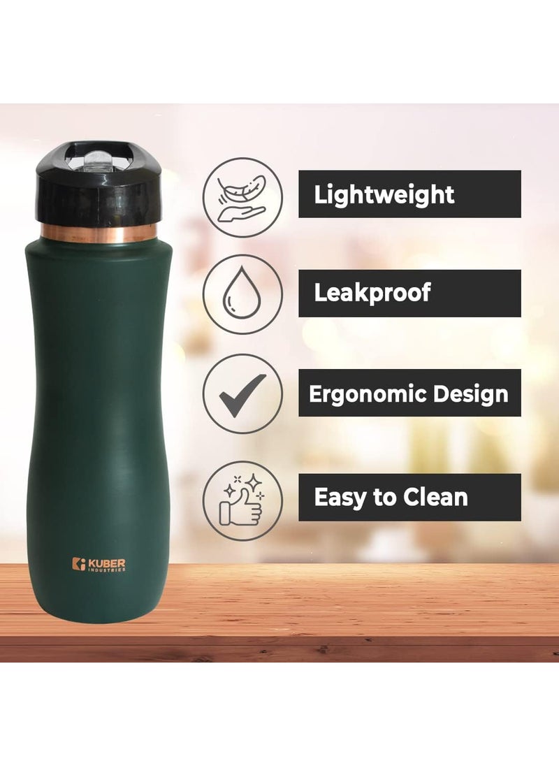 Kuber Industries 750ml Copper Water Bottle with Sipper | BPA Free & Non-Toxic | Added Health Benefits of Copper | Ergonomic Design & Easy to Clean | Leakproof Durable & Lightweight | Green