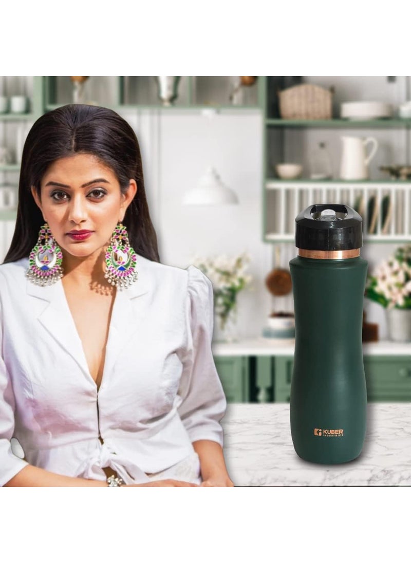 Kuber Industries 750ml Copper Water Bottle with Sipper | BPA Free & Non-Toxic | Added Health Benefits of Copper | Ergonomic Design & Easy to Clean | Leakproof Durable & Lightweight | Green