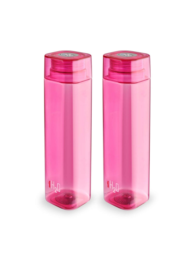 CELLO H2O Squaremate Plastic Water Bottle | Lid is sealed by a silicone ring | Leak proof & break-proof |Best Usage for Office/School/College/Gym/Picnic/Home/Fridge | 1 Liter | Pink, Set of 2