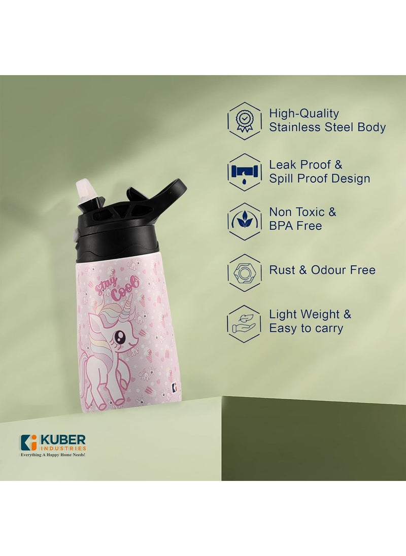 Kuber Industries Stainless Steel Kids Water Bottle | Stay Cool Kids Water Bottle | 350 ml Insulated Water Bottle | Water Bottle with Push-Button Flip Lid | Water Bottle For School | Pink