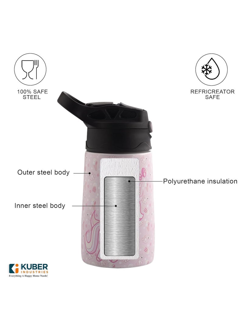 Kuber Industries Stainless Steel Kids Water Bottle | Stay Cool Kids Water Bottle | 350 ml Insulated Water Bottle | Water Bottle with Push-Button Flip Lid | Water Bottle For School | Pink