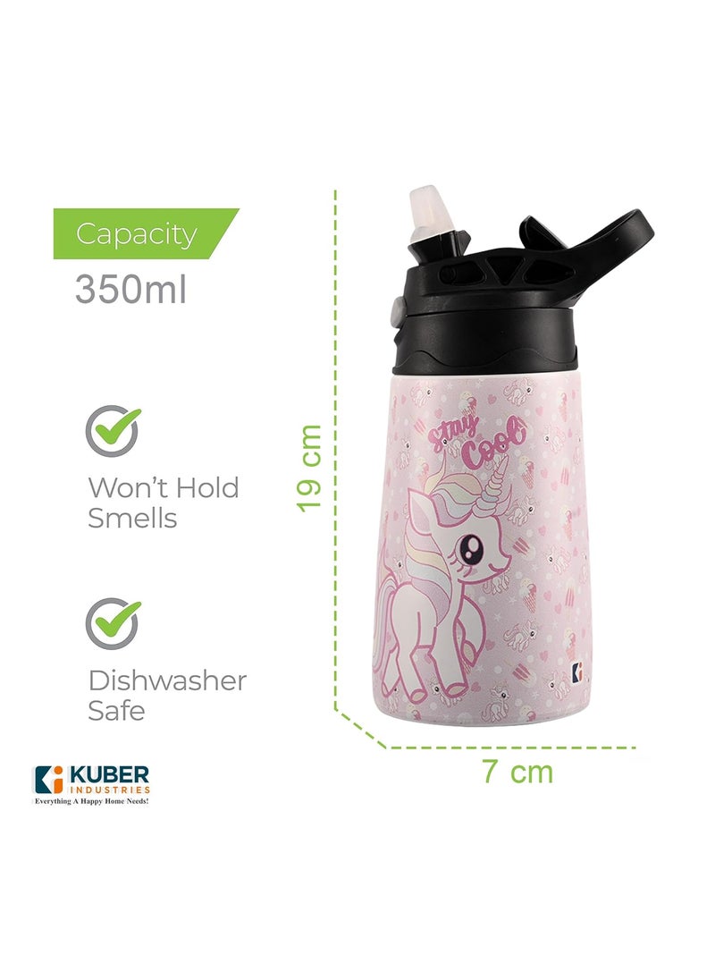 Kuber Industries Stainless Steel Kids Water Bottle | Stay Cool Kids Water Bottle | 350 ml Insulated Water Bottle | Water Bottle with Push-Button Flip Lid | Water Bottle For School | Pink