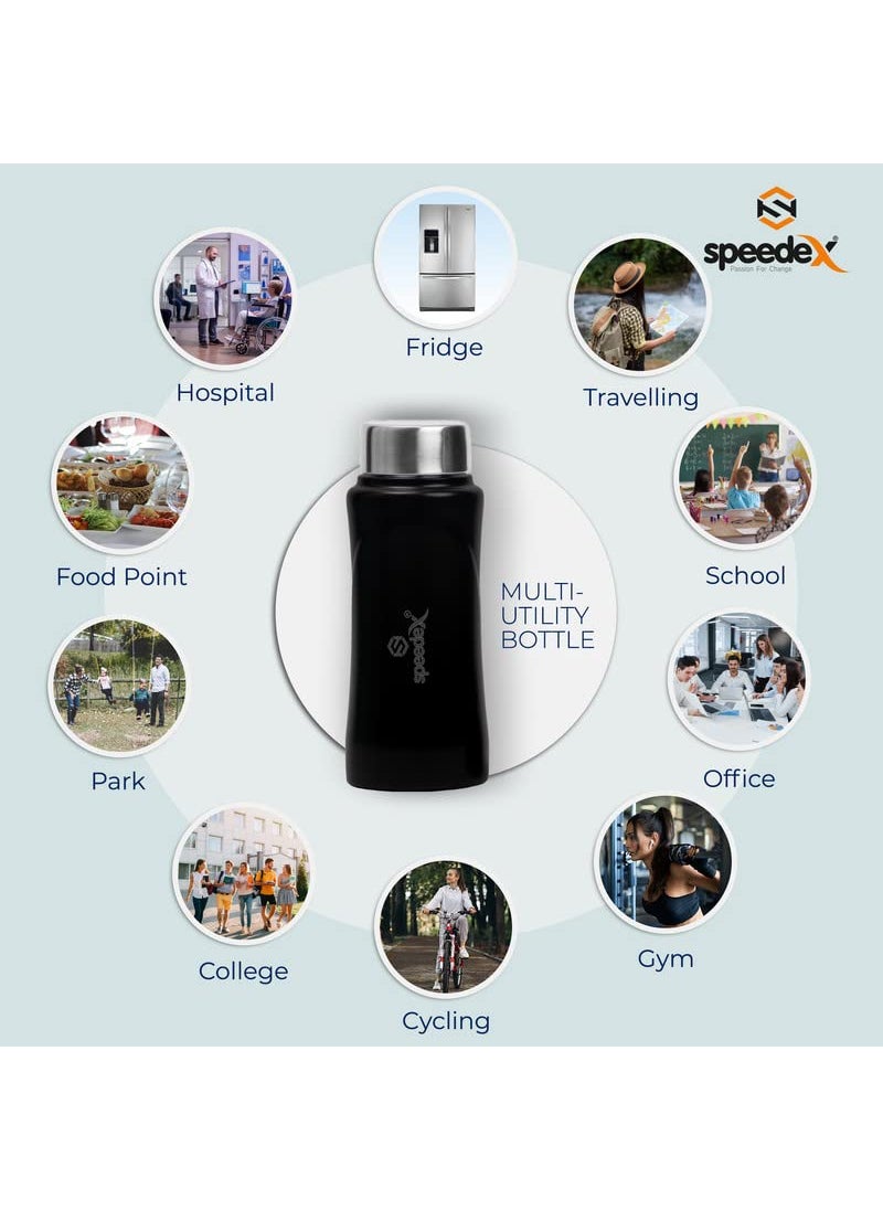 Speedex Water Bottle 500 ML, Black, Stainless Steel, 500ml Screw Cap Bottles for Girls, Boys, Adults & Kids, Gym, Sports, Fridge Use, Perfect for School & Office - Single Bottle Set