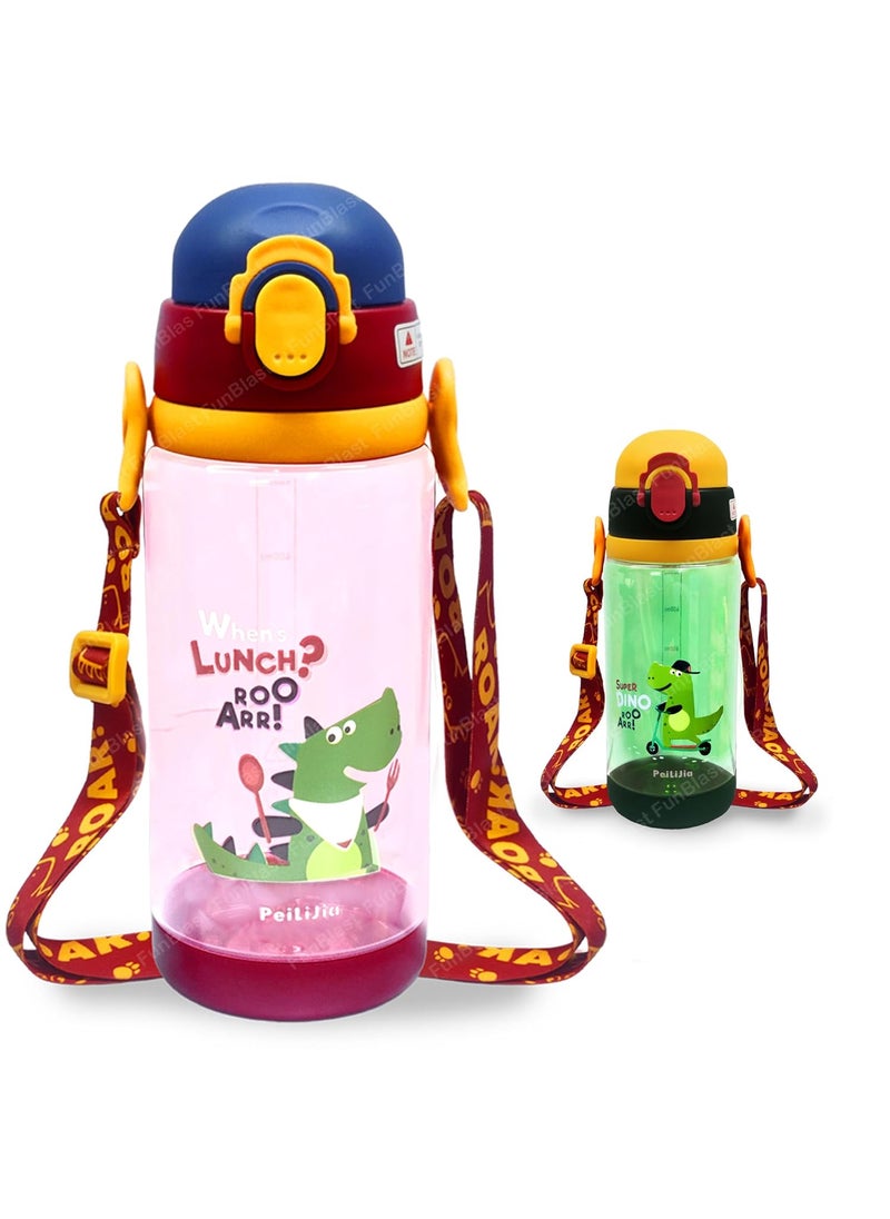 FunBlast Polycarbonate School Water Bottle For Kids-600 Ml Dinosaur Water Bottle With Straw&Sipper For Kids-Anti-Leak Water Bottle For Kids With Strap,Bpa Free Water Bottle(Color May Vary)