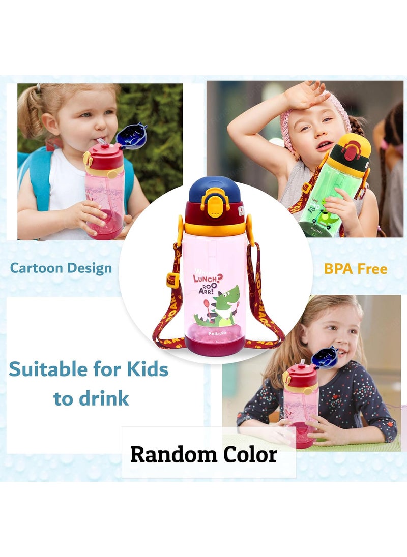 FunBlast Polycarbonate School Water Bottle For Kids-600 Ml Dinosaur Water Bottle With Straw&Sipper For Kids-Anti-Leak Water Bottle For Kids With Strap,Bpa Free Water Bottle(Color May Vary)