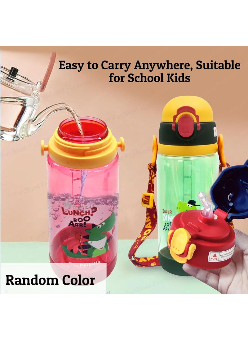 FunBlast Polycarbonate School Water Bottle For Kids-600 Ml Dinosaur Water Bottle With Straw&Sipper For Kids-Anti-Leak Water Bottle For Kids With Strap,Bpa Free Water Bottle(Color May Vary)