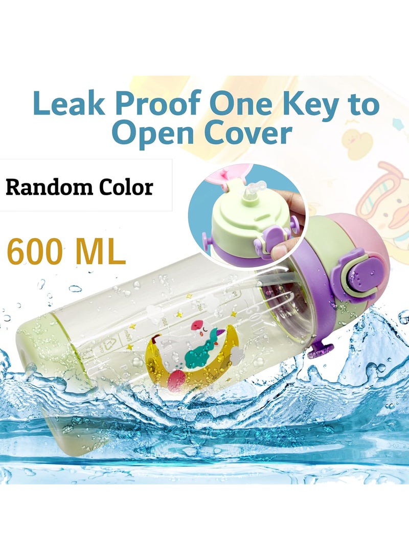 FunBlast Unicorn School Water Bottle for Kids - 600 ML BPA Free Water Bottle, Water Bottle with Straw & Sipper for Kids - Anti-leak Water Bottle with Strap, Water Bottle for Kids (Random Color)