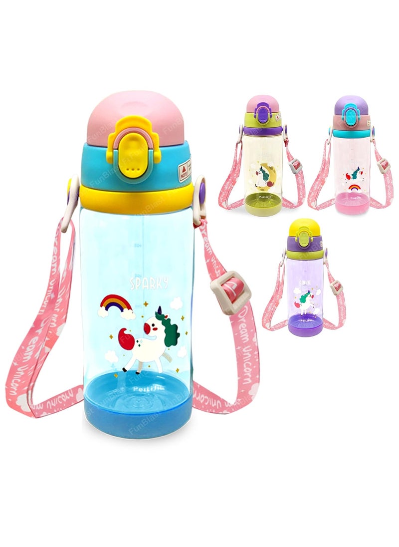 FunBlast Unicorn School Water Bottle for Kids - 600 ML BPA Free Water Bottle, Water Bottle with Straw & Sipper for Kids - Anti-leak Water Bottle with Strap, Water Bottle for Kids (Random Color)