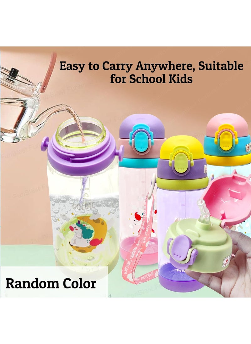 FunBlast Unicorn School Water Bottle for Kids - 600 ML BPA Free Water Bottle, Water Bottle with Straw & Sipper for Kids - Anti-leak Water Bottle with Strap, Water Bottle for Kids (Random Color)