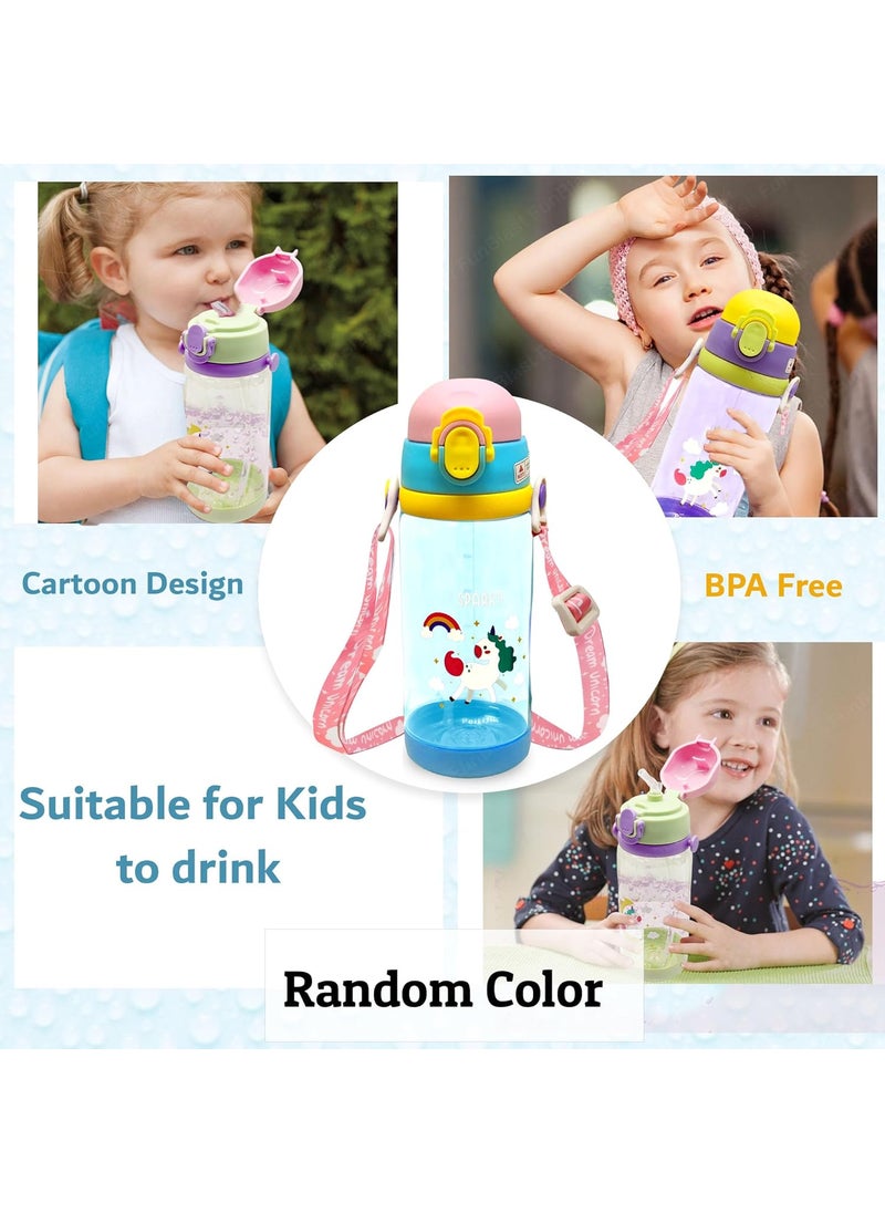 FunBlast Unicorn School Water Bottle for Kids - 600 ML BPA Free Water Bottle, Water Bottle with Straw & Sipper for Kids - Anti-leak Water Bottle with Strap, Water Bottle for Kids (Random Color)
