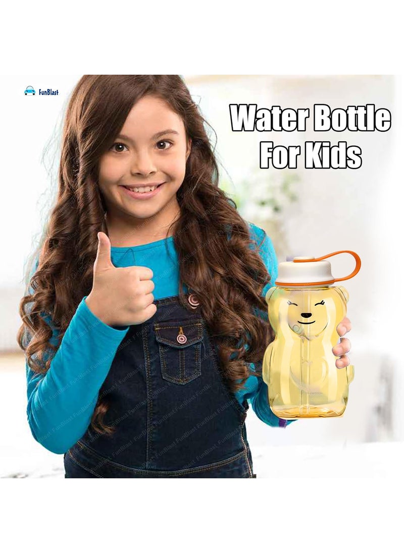 FunBlast School Water Bottle - Cartoon Design Water Bottle with Straw and Lock Cap for School Going Kids, Anti-Leak Cartoon Kids Water Bottle - 430 ML (Brown)