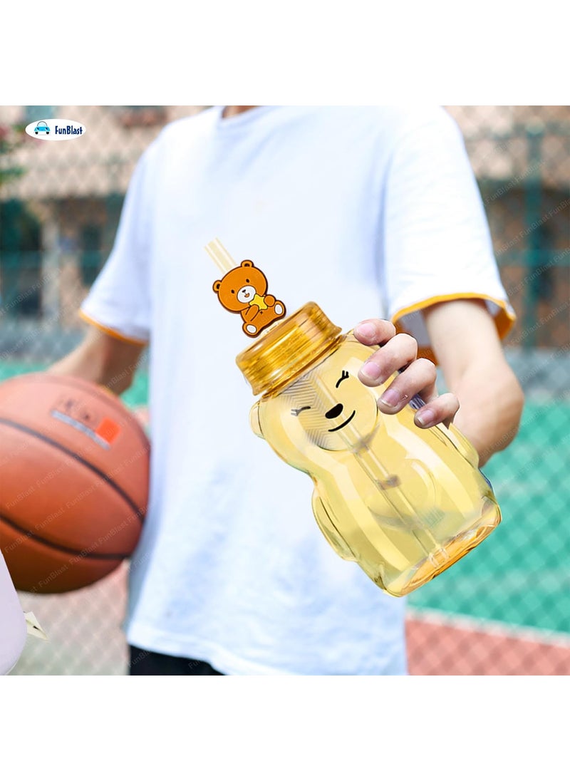 FunBlast School Water Bottle - Cartoon Design Water Bottle with Straw and Lock Cap for School Going Kids, Anti-Leak Cartoon Kids Water Bottle - 430 ML (Brown)