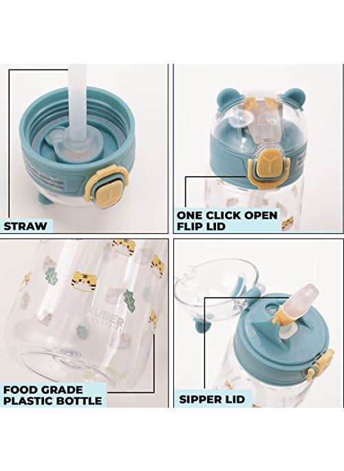 Kuber Sipper Bottle with Straw for Kids | Teddy Tumbler Sipper Cup I Cute Water Bottle with Lid | Food Grade Plastic | One Click Open | Leak Proof, BPA Free | 550 ml | School Boys Girls (Transparent)