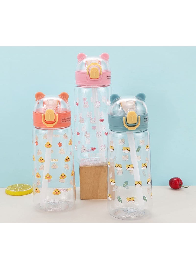 Kuber Sipper Bottle with Straw for Kids | Teddy Tumbler Sipper Cup I Cute Water Bottle with Lid | Food Grade Plastic | One Click Open | Leak Proof, BPA Free | 550 ml | School Boys Girls (Transparent)