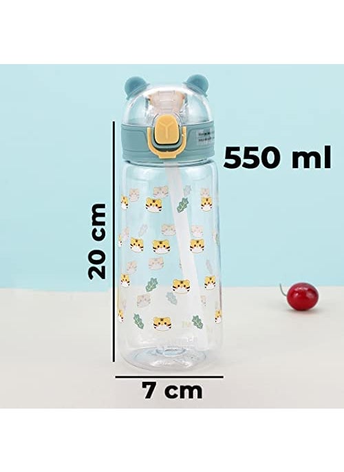 Kuber Sipper Bottle with Straw for Kids | Teddy Tumbler Sipper Cup I Cute Water Bottle with Lid | Food Grade Plastic | One Click Open | Leak Proof, BPA Free | 550 ml | School Boys Girls (Transparent)