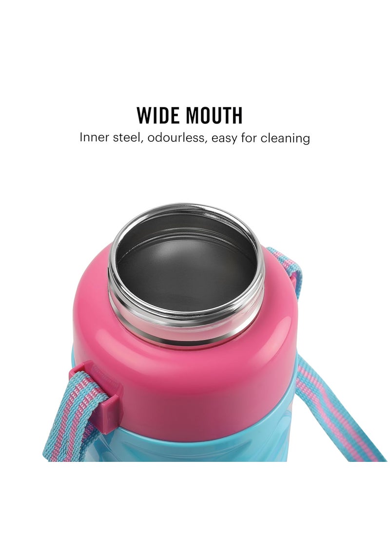 CELLO Puro Steel X Debby 600 Plastic Water Bottle for Kids | Easy Carry Wrist Belt | Leak Proof & Refrigerator Safe| Keeps Content Cold for Long Hours | 620ml, Light Blue