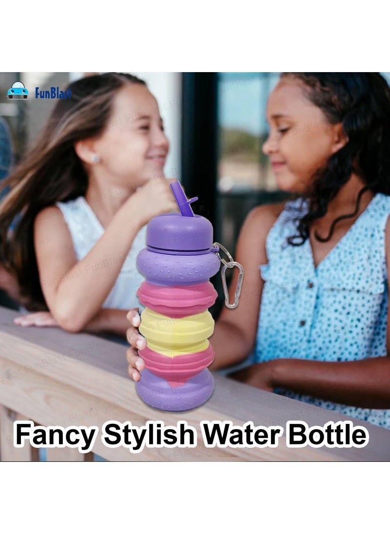 FunBlast Silicone Sipper Bottle for Kids - Expandable Sipper Water Bottle for Home, Office, Gym, Trekking, Anti-Leak Kids Water Bottle, Fancy Stylish Water Bottle Girls, Boys - 550 ML (Purple)