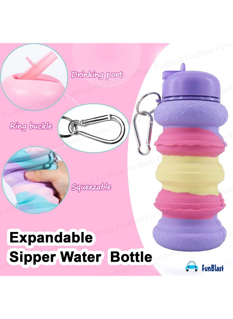 FunBlast Silicone Sipper Bottle for Kids - Expandable Sipper Water Bottle for Home, Office, Gym, Trekking, Anti-Leak Kids Water Bottle, Fancy Stylish Water Bottle Girls, Boys - 550 ML (Purple)