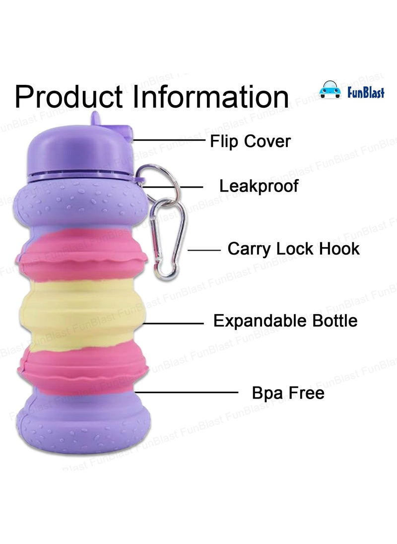 FunBlast Silicone Sipper Bottle for Kids - Expandable Sipper Water Bottle for Home, Office, Gym, Trekking, Anti-Leak Kids Water Bottle, Fancy Stylish Water Bottle Girls, Boys - 550 ML (Purple)