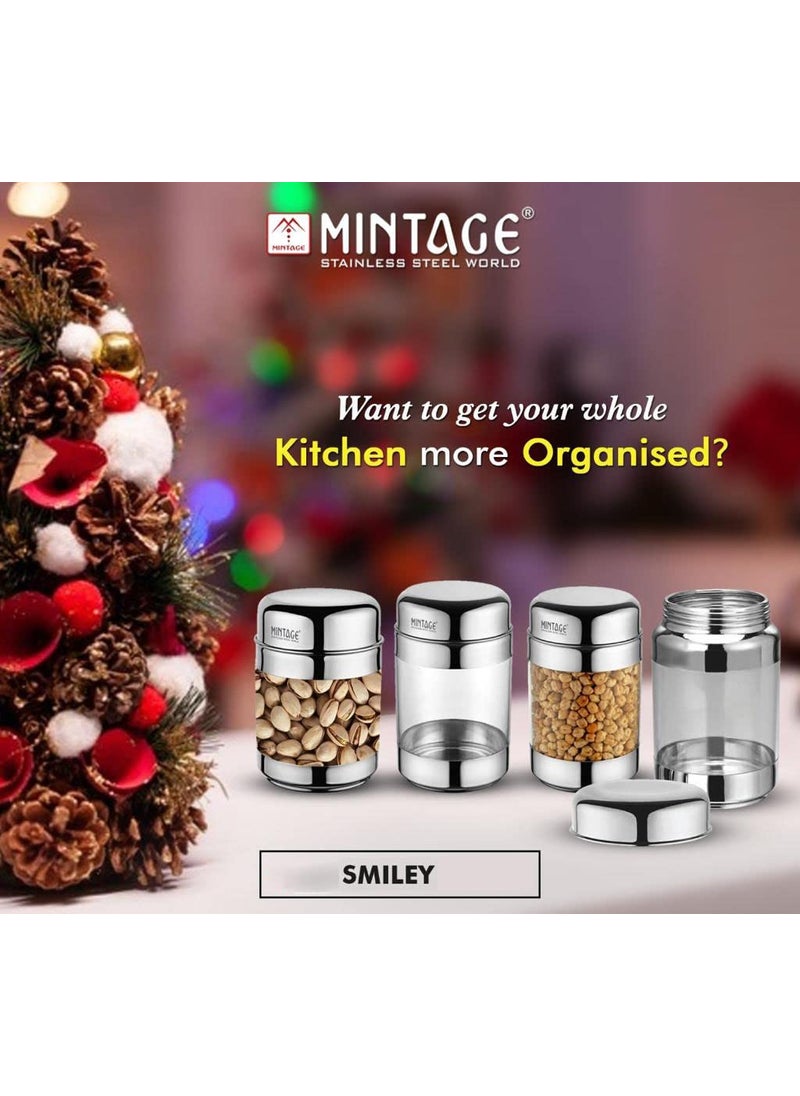 Mintage Smiley Storage Container 400 ML 4 Pcs | Steel Dibba Box Drum | Kitchen Food Storage Container | Kothi | Canisters | Dabba | Containers for Kitchen | Storage Box Drum |