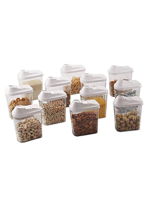 Steelo Skippar Plastic Storage Container with Flip Lock lid, Storing Dry Food, Pulses and Spices, Sugar Container, Pet Container, White Color 12 Pcs Set, 750 ml